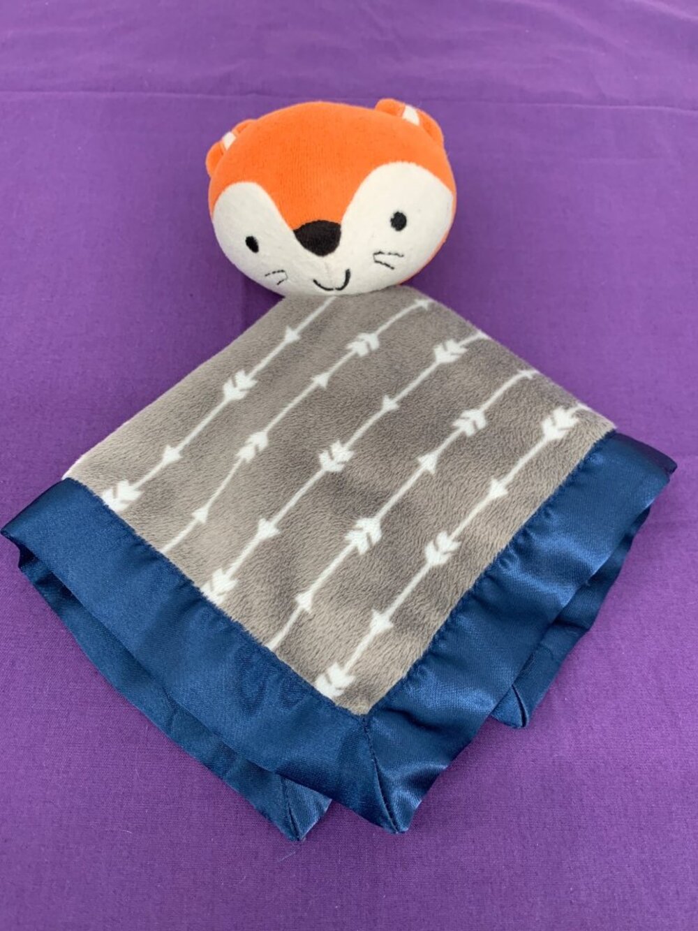 Parents Choice Fox Security Blanket Lovey With Gray Arrow Pattern & Blue Satin T